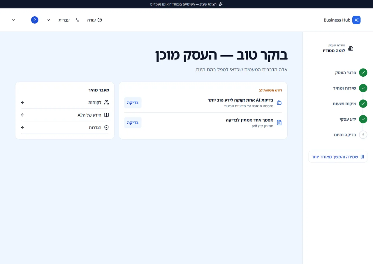 מסך סקירת העסק האמיתי ב-AI Business Hub